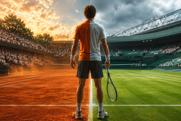 Tennista di spalle tra campo in terra battuta e campo in erba, rappresentazione delle differenze tra le superfici tennis nel circuito professionistico.