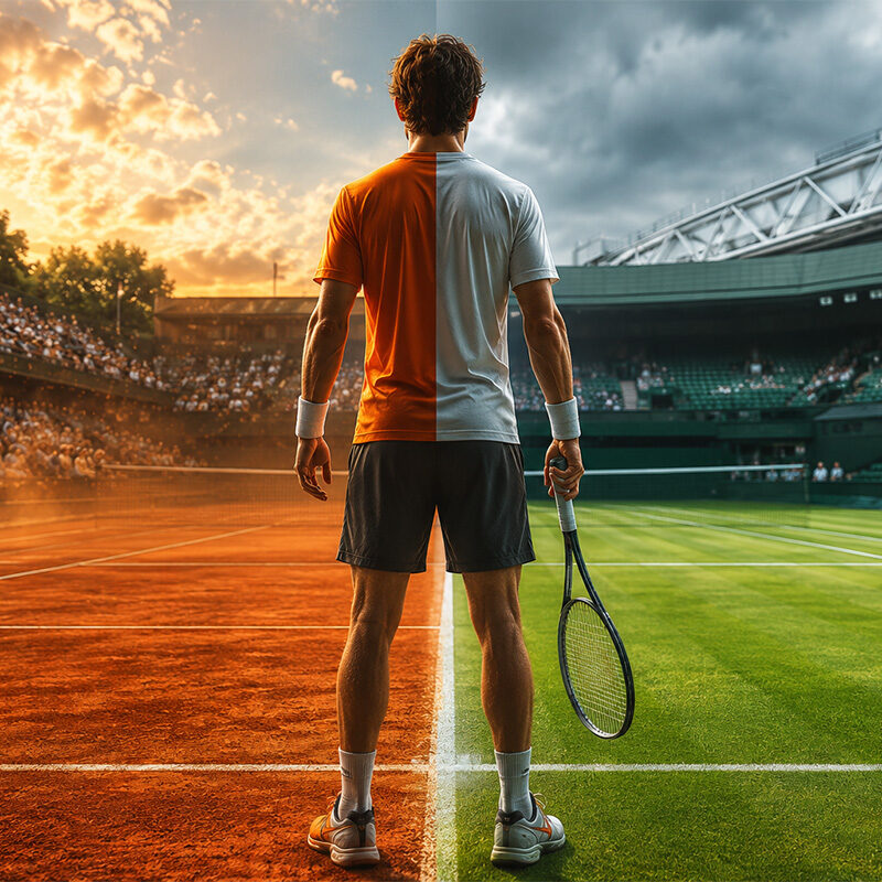 Tennista di spalle tra campo in terra battuta e campo in erba, rappresentazione delle differenze tra le superfici tennis nel circuito professionistico.