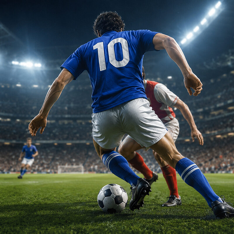 Veronica nel calcio eseguita da un giocatore visto di spalle durante una partita notturna, mentre supera un avversario con una spettacolare rotazione sul pallone in uno stadio gremito.