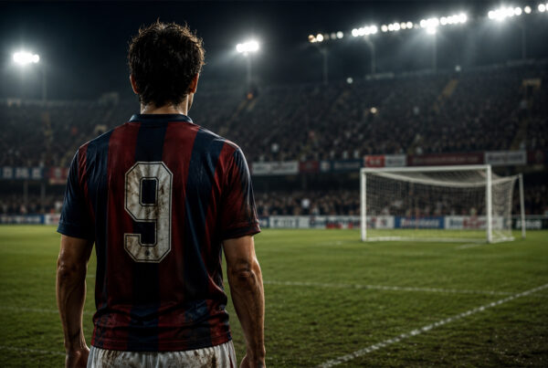 Vincenzo Cotroneo rappresentato di spalle su un campo da calcio illuminato, davanti alla porta dello stadio durante una scena notturna dal forte impatto emotivo.