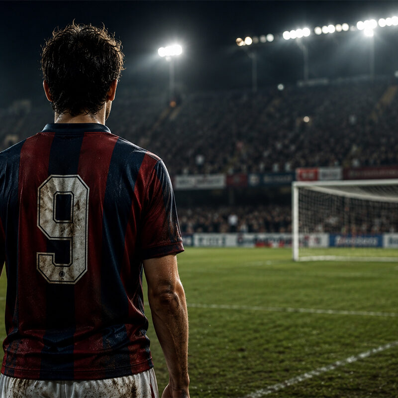 Vincenzo Cotroneo rappresentato di spalle su un campo da calcio illuminato, davanti alla porta dello stadio durante una scena notturna dal forte impatto emotivo.