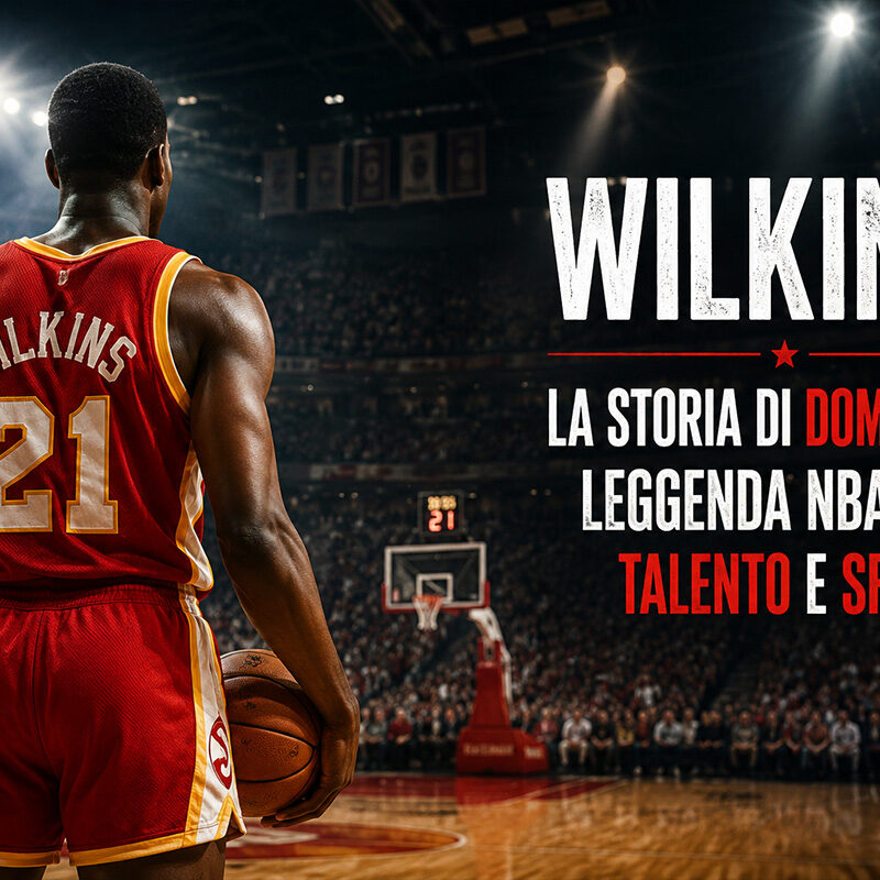 Wilkins di spalle su un campo NBA, immagine illustrata dedicata alla storia di Dominique Wilkins tra talento, schiacciate e sfide della sua carriera.