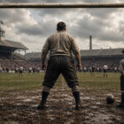 William Foulke di spalle davanti alla porta durante una partita di calcio d'epoca con due raccattapalle ai lati del campo