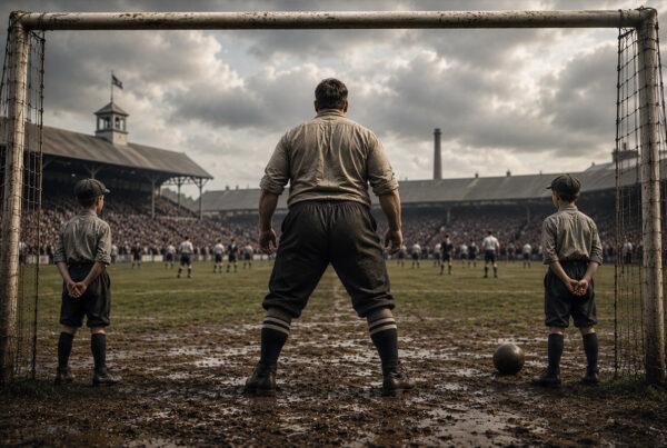 William Foulke di spalle davanti alla porta durante una partita di calcio d'epoca con due raccattapalle ai lati del campo