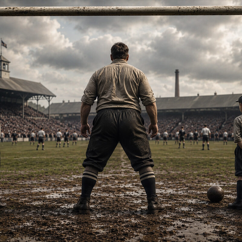 William Foulke di spalle davanti alla porta durante una partita di calcio d'epoca con due raccattapalle ai lati del campo