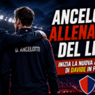 Grafica sportiva dedicata alla notizia “Ancelotti allenatore del Lille” con Carlo Ancelotti e Davide Ancelotti ripresi di spalle all'interno di uno stadio illuminato. Carlo appoggia il braccio sulla spalla del figlio in un gesto simbolico di passaggio di consegne. In evidenza il titolo “ANCELOTTI ALLENATORE DEL LILLE” e il sottotitolo “INIZIA LA NUOVA AVVENTURA DI DAVIDE IN FRANCIA”. Sullo sfondo compaiono un grande stadio moderno, luci da partita europea e uno scudo stilizzato rosso e blu che richiama i colori del Lille senza utilizzare loghi ufficiali.