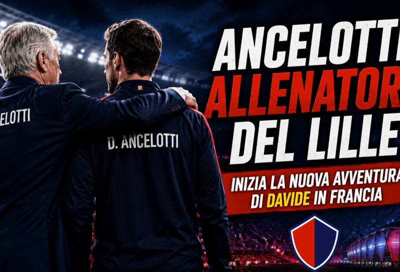 Grafica sportiva dedicata alla notizia “Ancelotti allenatore del Lille” con Carlo Ancelotti e Davide Ancelotti ripresi di spalle all'interno di uno stadio illuminato. Carlo appoggia il braccio sulla spalla del figlio in un gesto simbolico di passaggio di consegne. In evidenza il titolo “ANCELOTTI ALLENATORE DEL LILLE” e il sottotitolo “INIZIA LA NUOVA AVVENTURA DI DAVIDE IN FRANCIA”. Sullo sfondo compaiono un grande stadio moderno, luci da partita europea e uno scudo stilizzato rosso e blu che richiama i colori del Lille senza utilizzare loghi ufficiali.