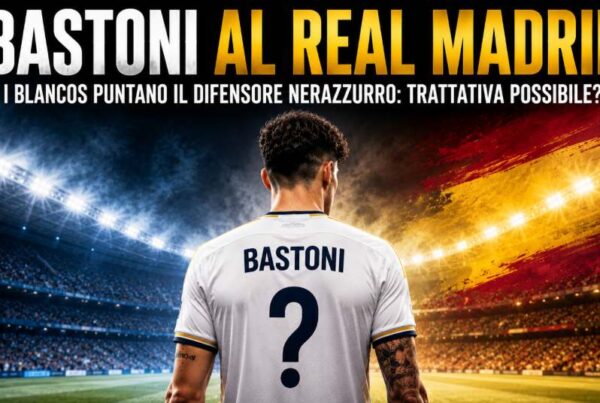 Bastoni al Real Madrid in una grafica sportiva dedicata al calciomercato 2026. Il difensore italiano è raffigurato di spalle con la scritta Bastoni sulla maglia bianca e un grande punto interrogativo al posto del numero. Sullo sfondo uno stadio illuminato con colori che richiamano la Spagna e il titolo "Bastoni al Real Madrid"