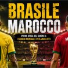 Brasile Marocco ai Mondiali 2026 in una grafica sportiva con due calciatori ripresi di spalle e le maglie delle rispettive nazionali. Al centro compare il trofeo della Coppa del Mondo, mentre sullo sfondo uno stadio illuminato. In evidenza il titolo "Brasile Marocco" e il sottotitolo dedicato all'esordio mondiale del Brasile di Carlo Ancelotti nel Gruppo C.