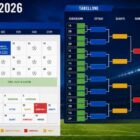 Calendario completo Mondiali 2026 rappresentato in una grafica sportiva con calendario delle partite, tabellone a eliminazione diretta e finale di New York evidenziata. Sullo sfondo uno stadio illuminato e il trofeo della Coppa del Mondo, simbolo del torneo più importante del calcio internazionale.