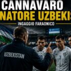 Cannavaro allenatore Uzbekistan stipendio: grafica editoriale con un allenatore di spalle che impartisce indicazioni tattiche ai giocatori della nazionale uzbeka durante una riunione a bordo campo, con il titolo dell'articolo e il sottotitolo "Ingaggio faraonico"