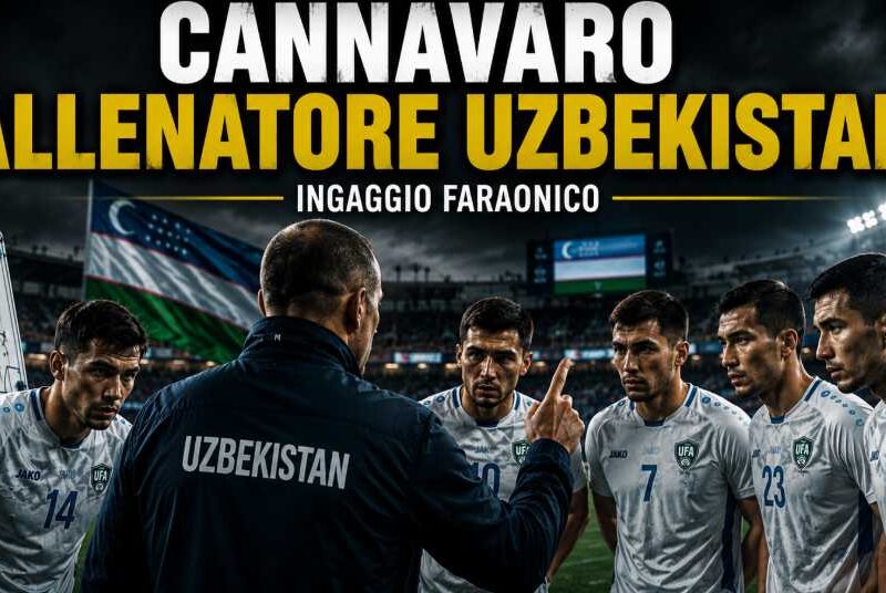 Cannavaro allenatore Uzbekistan stipendio: grafica editoriale con un allenatore di spalle che impartisce indicazioni tattiche ai giocatori della nazionale uzbeka durante una riunione a bordo campo, con il titolo dell'articolo e il sottotitolo "Ingaggio faraonico"