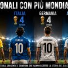 Chi ha vinto più Mondiali? Grafica sportiva con quattro calciatori ripresi di spalle che rappresentano Brasile, Italia, Germania e Argentina, le nazionali più vincenti nella storia della Coppa del Mondo. Sullo sfondo uno stadio illuminato, i trofei mondiali conquistati e il titolo "Le nazionali con più Mondiali vinti".