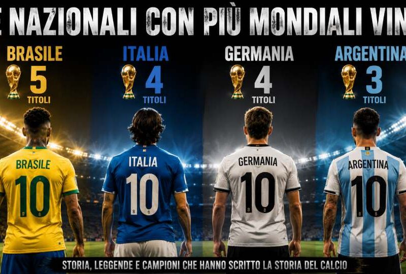 Chi ha vinto più Mondiali? Grafica sportiva con quattro calciatori ripresi di spalle che rappresentano Brasile, Italia, Germania e Argentina, le nazionali più vincenti nella storia della Coppa del Mondo. Sullo sfondo uno stadio illuminato, i trofei mondiali conquistati e il titolo "Le nazionali con più Mondiali vinti".