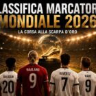 Classifica marcatori Mondiali 2026 con Haaland, Messi, Mbappé e altri calciatori davanti alla Scarpa d’Oro in uno stadio illuminato