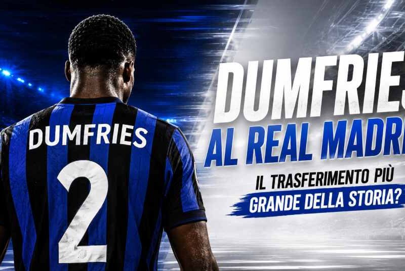 Grafica sportiva dedicata alla keyword “Dumfries al Real Madrid” con il calciatore olandese ripreso esclusivamente di spalle in una maglia dai colori nerazzurri. Sullo sfondo uno stadio illuminato è diviso tra tonalità blu e bianco-argento che richiamano rispettivamente Inter e Real Madrid senza utilizzare loghi ufficiali. In evidenza il titolo “DUMFRIES AL REAL MADRID?” e il sottotitolo “IL TRASFERIMENTO PIÙ GRANDE DELLA STORIA?”, elementi che richiamano le ultime indiscrezioni di mercato sul futuro dell'esterno olandese.