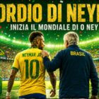 Neymar di spalle con la maglia numero 10 del Brasile entra in campo con Ancelotti accanto, in uno stadio verde e giallo per il Mondiale 2026 e la scritta Esordio di Neymar, O ney