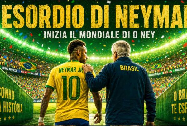 Neymar di spalle con la maglia numero 10 del Brasile entra in campo con Ancelotti accanto, in uno stadio verde e giallo per il Mondiale 2026 e la scritta Esordio di Neymar, O ney