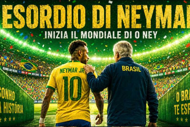 Neymar di spalle con la maglia numero 10 del Brasile entra in campo con Ancelotti accanto, in uno stadio verde e giallo per il Mondiale 2026 e la scritta Esordio di Neymar, O ney