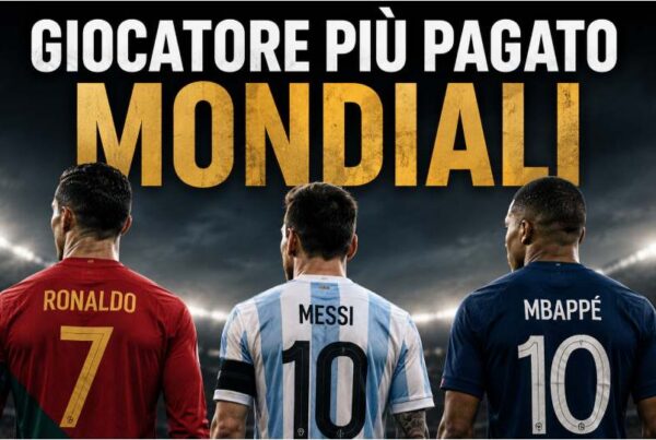 Giocatore più pagato Mondiali 2026 in una grafica sportiva con Cristiano Ronaldo, Lionel Messi e Kylian Mbappé ripresi di spalle con le maglie delle rispettive nazionali. Sullo sfondo uno stadio illuminato e il titolo "Giocatore più pagato Mondiali", dedicato alla classifica dei calciatori con i guadagni più elevati presenti alla Coppa del Mondo 2026.