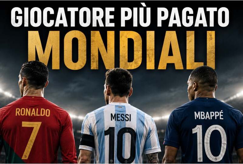 Giocatore più pagato Mondiali 2026 in una grafica sportiva con Cristiano Ronaldo, Lionel Messi e Kylian Mbappé ripresi di spalle con le maglie delle rispettive nazionali. Sullo sfondo uno stadio illuminato e il titolo "Giocatore più pagato Mondiali", dedicato alla classifica dei calciatori con i guadagni più elevati presenti alla Coppa del Mondo 2026.
