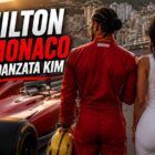 Lewis Hamilton 2° a Monaco con Kim Kardashian in una grafica sportiva ambientata nel Principato. Il pilota Ferrari è ripreso di spalle accanto a Kim Kardashian, anch'essa di spalle, vicino a una monoposto rossa senza loghi ufficiali. Sullo sfondo si vedono il porto di Monaco, gli yacht, il circuito cittadino e il titolo “Hamilton 2° a Monaco con la fidanzata Kim ”, dedicato al podio del pilota britannico nel Gran Premio di Monaco 2026.
