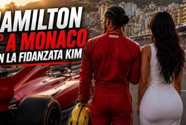 Lewis Hamilton 2° a Monaco con Kim Kardashian in una grafica sportiva ambientata nel Principato. Il pilota Ferrari è ripreso di spalle accanto a Kim Kardashian, anch'essa di spalle, vicino a una monoposto rossa senza loghi ufficiali. Sullo sfondo si vedono il porto di Monaco, gli yacht, il circuito cittadino e il titolo “Hamilton 2° a Monaco con la fidanzata Kim ”, dedicato al podio del pilota britannico nel Gran Premio di Monaco 2026.