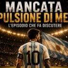 Immagine editoriale sportiva in stile poster con Messi di spalle con la maglia dell’Argentina numero 10, stadio illuminato, bandiera argentina sullo sfondo e titolo “Mancata espulsione di Messi” dedicato all’episodio controverso.