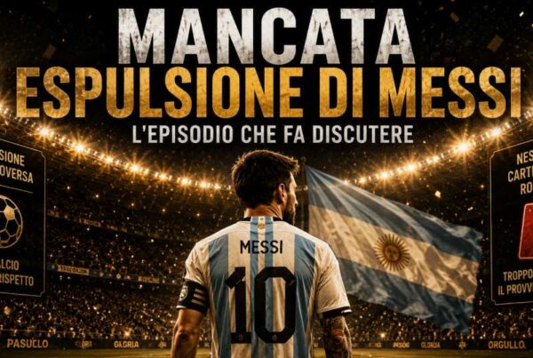 Immagine editoriale sportiva in stile poster con Messi di spalle con la maglia dell’Argentina numero 10, stadio illuminato, bandiera argentina sullo sfondo e titolo “Mancata espulsione di Messi” dedicato all’episodio controverso.
