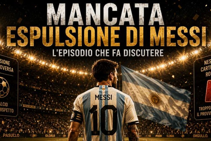 Immagine editoriale sportiva in stile poster con Messi di spalle con la maglia dell’Argentina numero 10, stadio illuminato, bandiera argentina sullo sfondo e titolo “Mancata espulsione di Messi” dedicato all’episodio controverso.