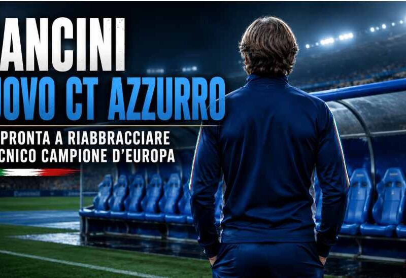 Roberto Mancini ripreso di spalle davanti alla panchina della Nazionale italiana con il titolo Mancini nuovo ct azzurro e il sottotitolo "FIGC pronta a riabbracciare il tecnico campione d'Europa". Grafica dedicata al possibile ritorno di Mancini sulla panchina dell'Italia.