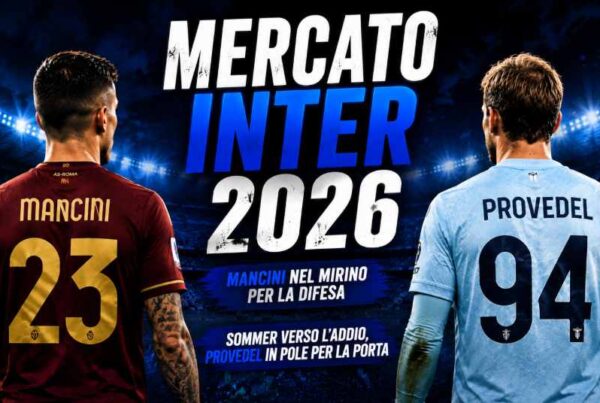 Grafica sportiva dedicata al tema Mercato estivo Inter 2026 con due calciatori ripresi di spalle all'interno di uno stadio illuminato. A sinistra un difensore con maglia rosso scuro numero 23 e nome Mancini, a destra un portiere con maglia azzurra numero 94 e nome Provedel. Al centro campeggia il titolo “MERCATO INTER 2026” con i sottotitoli “Mancini nel mirino per la difesa” e “Sommer verso l’addio, Provedel in pole per la porta”, su sfondo calcistico notturno caratterizzato da riflettori e atmosfera da calciomercato.