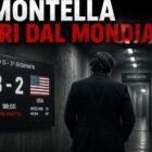 Montella fuori dal Mondiale: grafica con il commissario tecnico della Turchia di spalle mentre si allontana verso gli spogliatoi dopo l'eliminazione, con il tabellone che mostra il risultato Turchia 3-2 USA.
