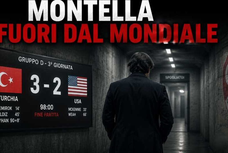 Montella fuori dal Mondiale: grafica con il commissario tecnico della Turchia di spalle mentre si allontana verso gli spogliatoi dopo l'eliminazione, con il tabellone che mostra il risultato Turchia 3-2 USA.