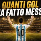 Calciatore con maglia argentina numero 10 visto di spalle in uno stadio illuminato, con testo Quanti gol ha fatto Messi.