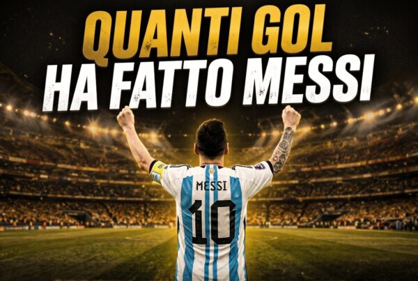 Calciatore con maglia argentina numero 10 visto di spalle in uno stadio illuminato, con testo Quanti gol ha fatto Messi.
