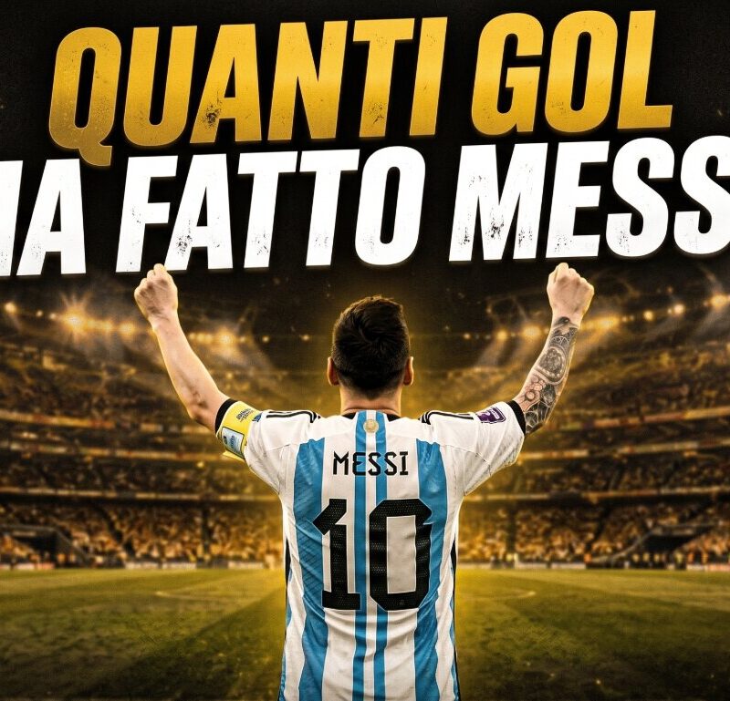 Calciatore con maglia argentina numero 10 visto di spalle in uno stadio illuminato, con testo Quanti gol ha fatto Messi.