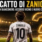Riscatto di Zaniolo in una grafica dedicata al calciomercato 2026. Il calciatore italiano è raffigurato di spalle con il numero 10 sulla maglia mentre osserva uno stadio illuminato. Accanto a lui compare un grande punto interrogativo dorato e il titolo "Riscatto di Zaniolo", dedicato al possibile acquisto definitivo e al nuovo contratto.