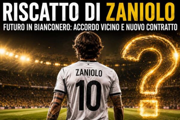 Riscatto di Zaniolo in una grafica dedicata al calciomercato 2026. Il calciatore italiano è raffigurato di spalle con il numero 10 sulla maglia mentre osserva uno stadio illuminato. Accanto a lui compare un grande punto interrogativo dorato e il titolo "Riscatto di Zaniolo", dedicato al possibile acquisto definitivo e al nuovo contratto.
