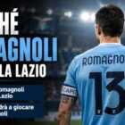 Romagnoli lascia la Lazio in una grafica sportiva dedicata al calciomercato 2026. Il difensore italiano è raffigurato di spalle con la maglia celeste numero 13 all'interno di uno stadio illuminato. In evidenza il titolo Romagnoli lascia la Lazio e le domande "Perché Romagnoli lascia la Lazio?" e "Quale andrà a giocare Romagnoli?", che richiamano le indiscrezioni sul possibile addio del difensore biancoceleste.