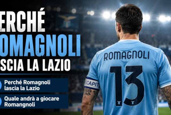 Romagnoli lascia la Lazio in una grafica sportiva dedicata al calciomercato 2026. Il difensore italiano è raffigurato di spalle con la maglia celeste numero 13 all'interno di uno stadio illuminato. In evidenza il titolo Romagnoli lascia la Lazio e le domande "Perché Romagnoli lascia la Lazio?" e "Quale andrà a giocare Romagnoli?", che richiamano le indiscrezioni sul possibile addio del difensore biancoceleste.