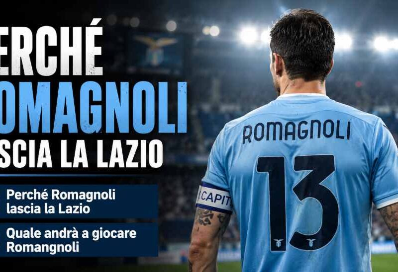 Romagnoli lascia la Lazio in una grafica sportiva dedicata al calciomercato 2026. Il difensore italiano è raffigurato di spalle con la maglia celeste numero 13 all'interno di uno stadio illuminato. In evidenza il titolo Romagnoli lascia la Lazio e le domande "Perché Romagnoli lascia la Lazio?" e "Quale andrà a giocare Romagnoli?", che richiamano le indiscrezioni sul possibile addio del difensore biancoceleste.