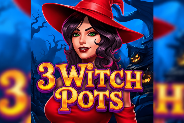 Slot 3 Witch Pots con strega dai capelli scuri e cappello rosso, ambientazione Halloween, zucche illuminate, foresta misteriosa e simboli magici ispirati alle pozioni della fortuna.