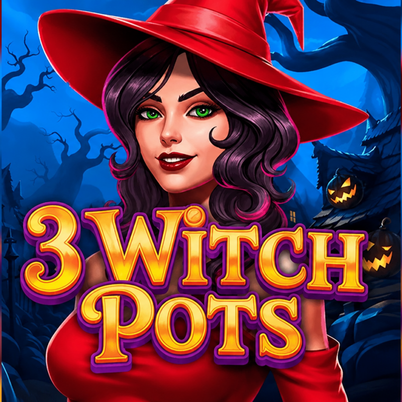 Slot 3 Witch Pots con strega dai capelli scuri e cappello rosso, ambientazione Halloween, zucche illuminate, foresta misteriosa e simboli magici ispirati alle pozioni della fortuna.