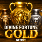 Slot Divine Fortune Gold di NetEnt con Medusa dorata, leone mitologico, toro sacro e ambientazione ispirata alla mitologia greca con jackpot progressivo.