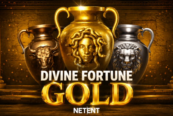 Slot Divine Fortune Gold di NetEnt con Medusa dorata, leone mitologico, toro sacro e ambientazione ispirata alla mitologia greca con jackpot progressivo.