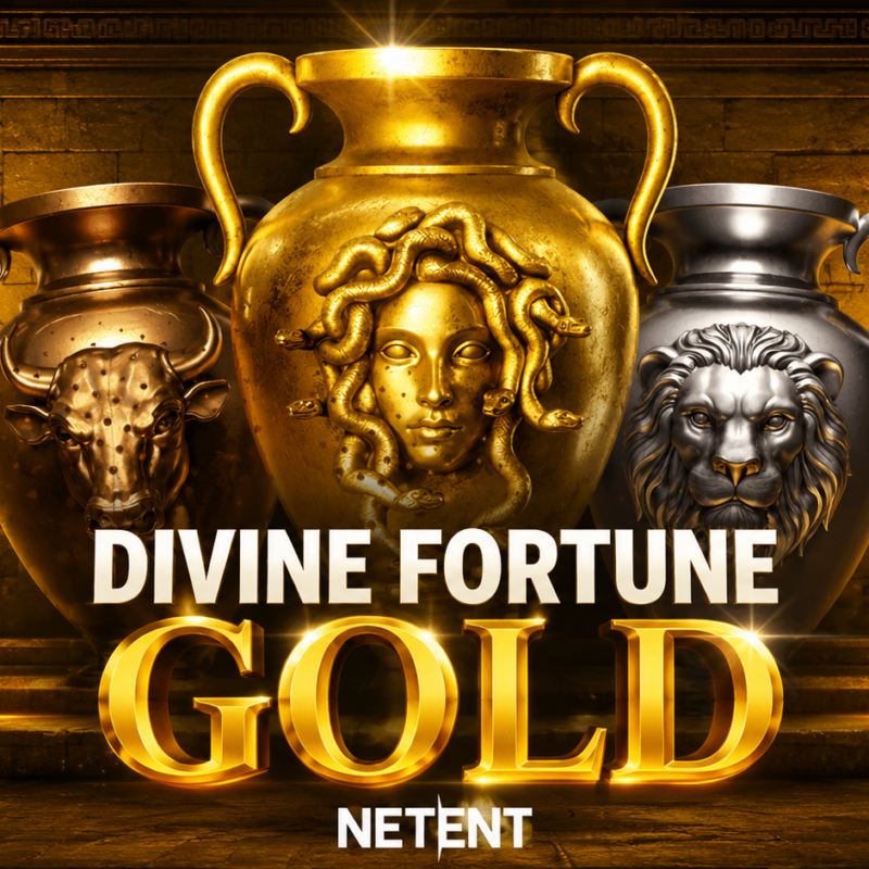 Slot Divine Fortune Gold di NetEnt con Medusa dorata, leone mitologico, toro sacro e ambientazione ispirata alla mitologia greca con jackpot progressivo.