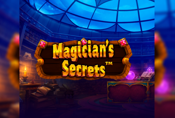 Slot Magician Secrets di Pragmatic Play con insegna magica, antica biblioteca, libri degli incantesimi e ambientazione fantasy dedicata al mondo della magia.