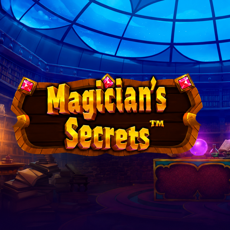 Slot Magician Secrets di Pragmatic Play con insegna magica, antica biblioteca, libri degli incantesimi e ambientazione fantasy dedicata al mondo della magia.