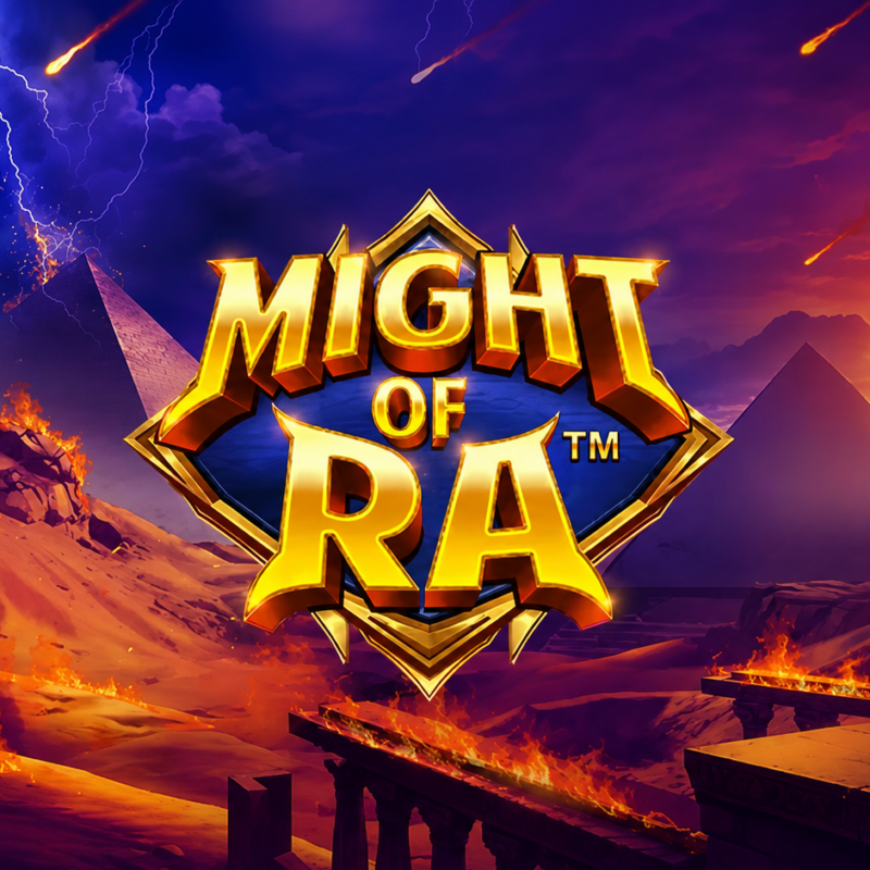 Slot Might of Ra di Pragmatic Play con il logo dorato al centro, piramidi egizie, deserto infuocato e ambientazione ispirata al dio Ra, protagonista della slot con Wild espandibili e Free Spins.